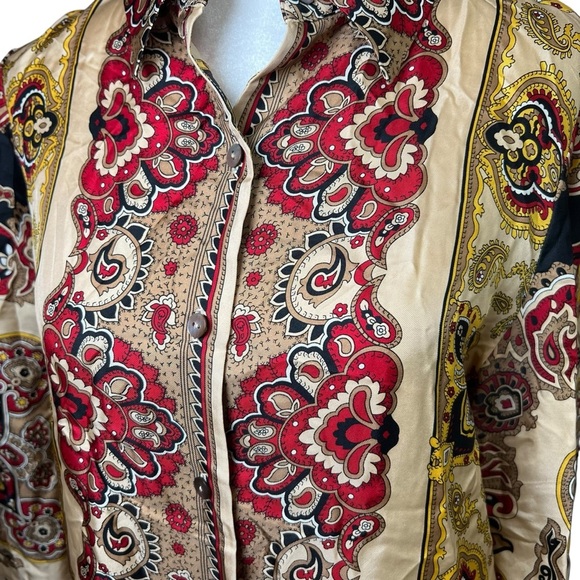 DANA BUCHMAN Paisley 100% Silk Button-up Top Red Gold Festive VTG Sz 6 Petite - Picture 5 of 10